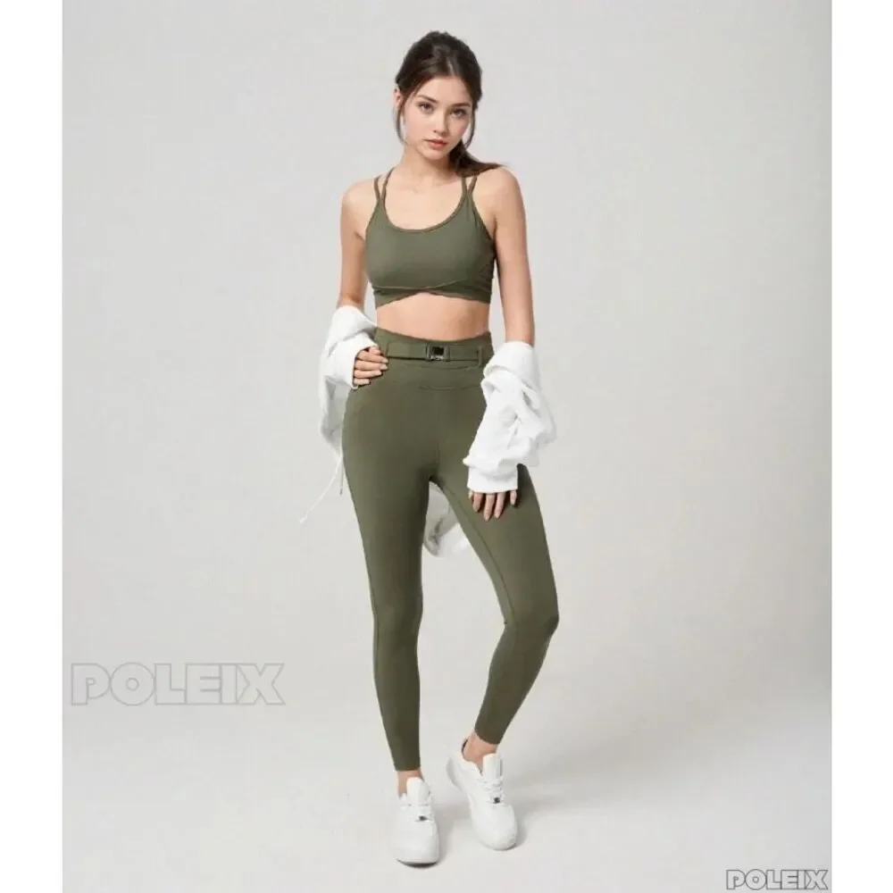 Halara Army Green High Waisted 7/8 Leggings Back Pockets Workout Yoga L NWT